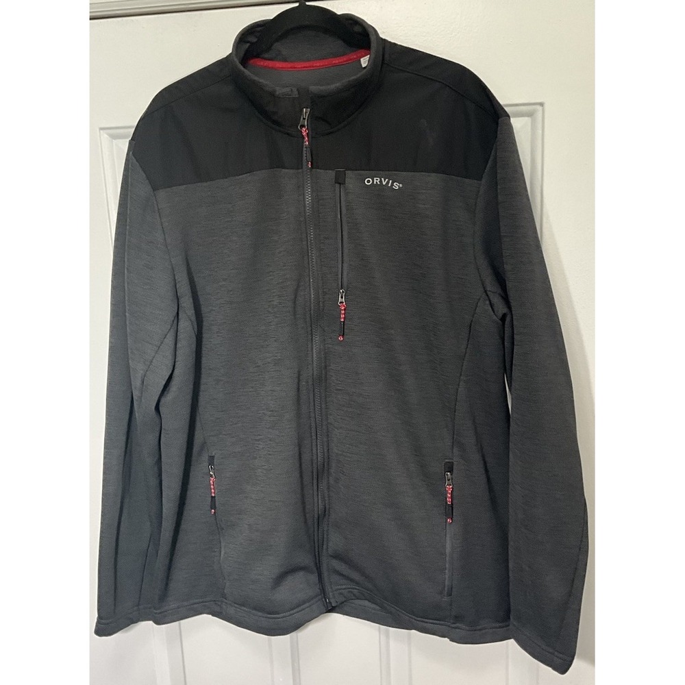 Orvis Full Zip Fleece Jacket Gray Black Colorblock Mock Neck Size Men's XL